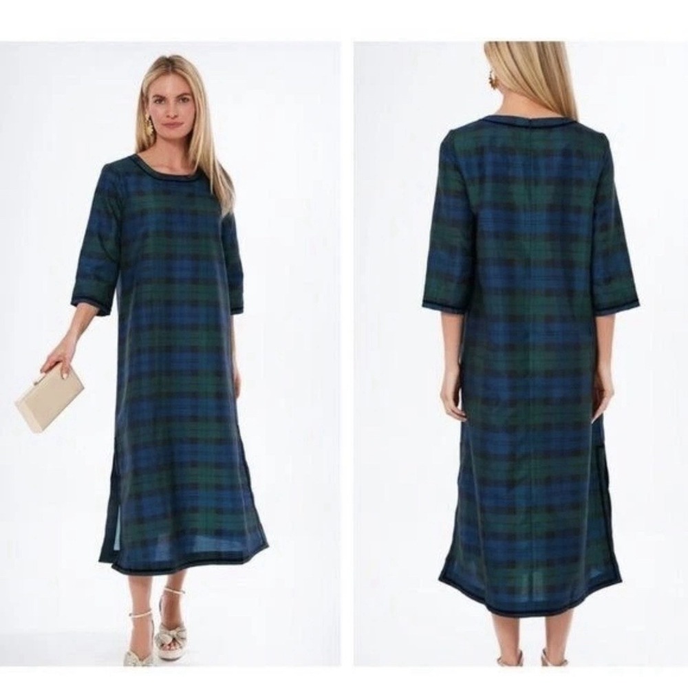 NWT Tuckernuck | Jamie Midi Dress‎ Velvet Trimmed Plaid Blackwatch SZ L Holiday